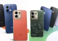 Enam smartphone Redmi 17 dalam berbagai varian warna seperti hitam, biru, oranye, dan hijau bermotif, menampilkan desain kamera belakang.