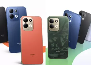 Enam smartphone Redmi 17 dalam berbagai varian warna seperti hitam, biru, oranye, dan hijau bermotif, menampilkan desain kamera belakang.
