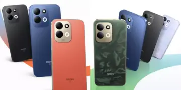 Enam smartphone Redmi 17 dalam berbagai varian warna seperti hitam, biru, oranye, dan hijau bermotif, menampilkan desain kamera belakang.