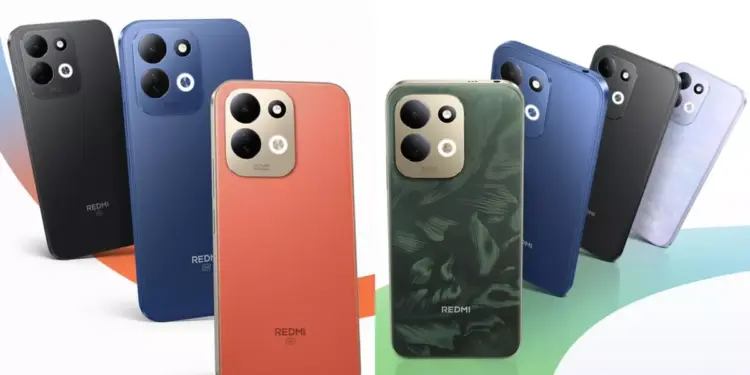 Enam smartphone Redmi 17 dalam berbagai varian warna seperti hitam, biru, oranye, dan hijau bermotif, menampilkan desain kamera belakang.