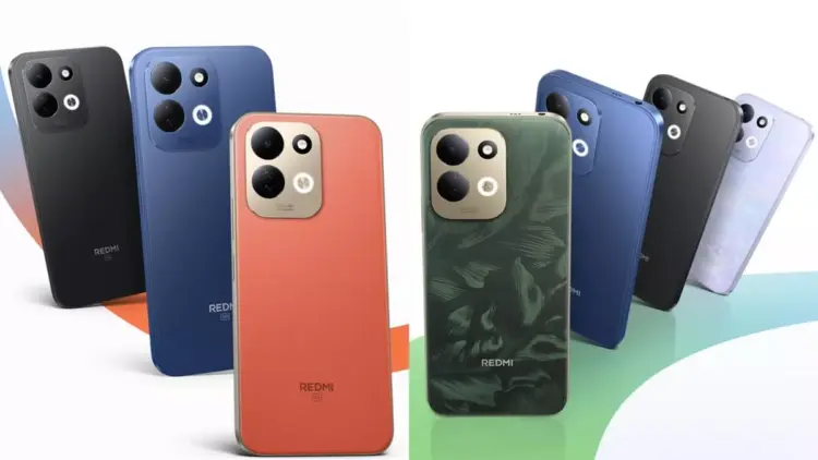 Enam smartphone Redmi 17 dalam berbagai varian warna seperti hitam, biru, oranye, dan hijau bermotif, menampilkan desain kamera belakang.
