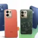 Enam smartphone Redmi 17 dalam berbagai varian warna seperti hitam, biru, oranye, dan hijau bermotif, menampilkan desain kamera belakang.