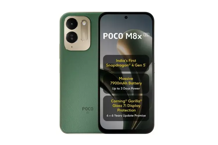 Tampilan depan dan belakang HP POCO M8x 5G warna hijau lengkap dengan spesifikasi utama di layar.