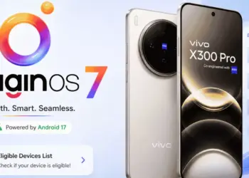 Banner pengumuman Update OriginOS 7 berbasis Android 17 yang menampilkan Vivo X300 Pro dan daftar perangkat penerima.