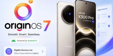 Banner pengumuman Update OriginOS 7 berbasis Android 17 yang menampilkan Vivo X300 Pro dan daftar perangkat penerima.