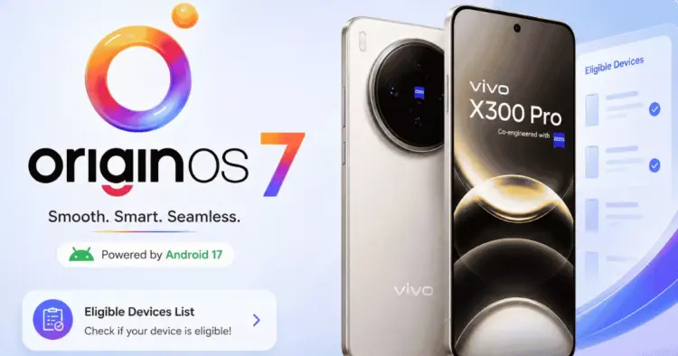 Banner pengumuman Update OriginOS 7 berbasis Android 17 yang menampilkan Vivo X300 Pro dan daftar perangkat penerima.
