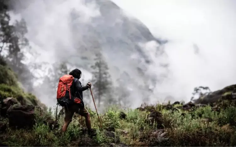Pendaki gunung memegang trekking pole berjalan menembus kabut, membawa perlengkapan keselamatan termasuk Nitecore NWE10.