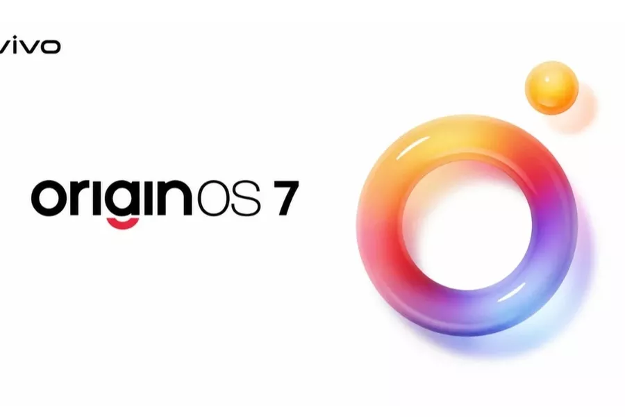 Logo resmi Vivo OriginOS 7 dengan elemen lingkaran warna-warni berlatar putih.