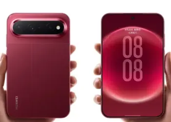 Tampilan depan dan belakang HP flagship Huawei berwarna merah yang dibekali baterai Silicon Carbon.