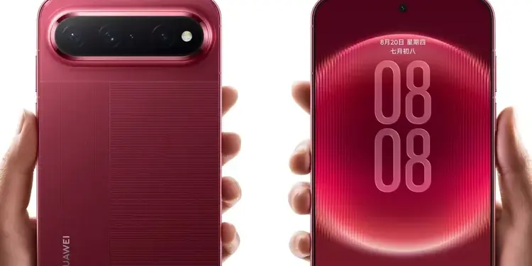 Tampilan depan dan belakang HP flagship Huawei berwarna merah yang dibekali baterai Silicon Carbon.