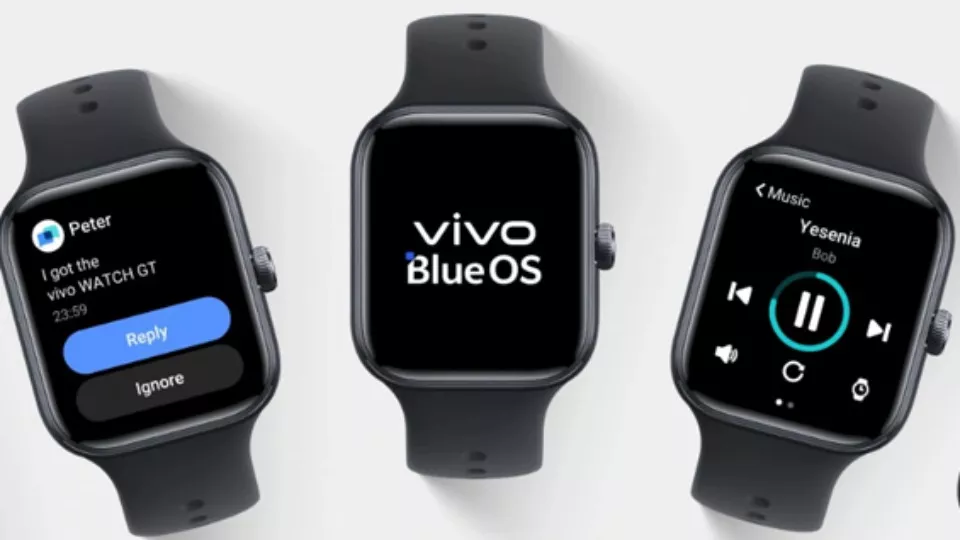 Tiga unit smartwatch Vivo Watch GT berlayar AMOLED dengan sistem operasi BlueOS menampilkan menu musik dan pesan.