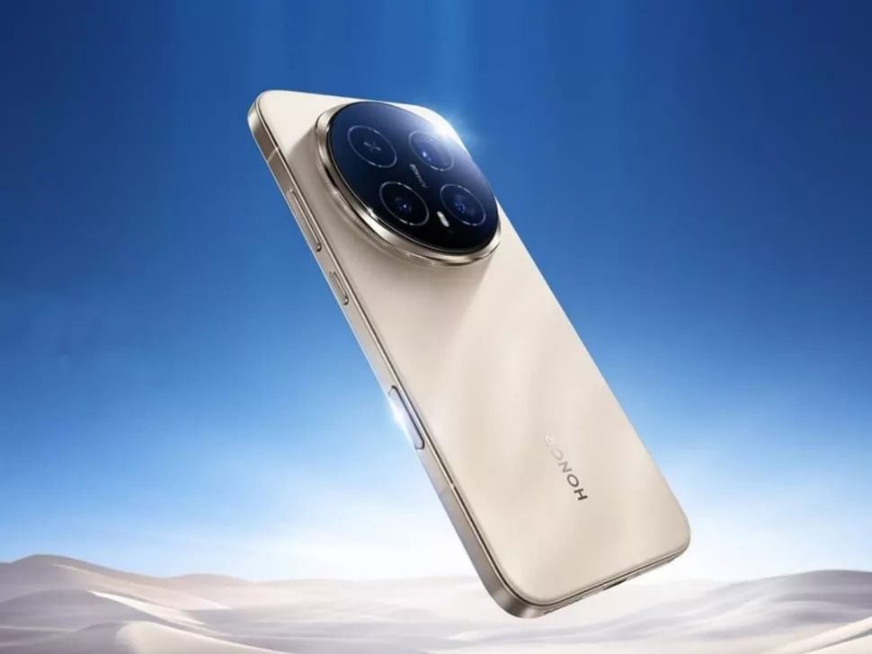 Tampilan penuh bodi belakang HP Honor flagship terbaru berwarna emas krem dengan latar gurun pasir.