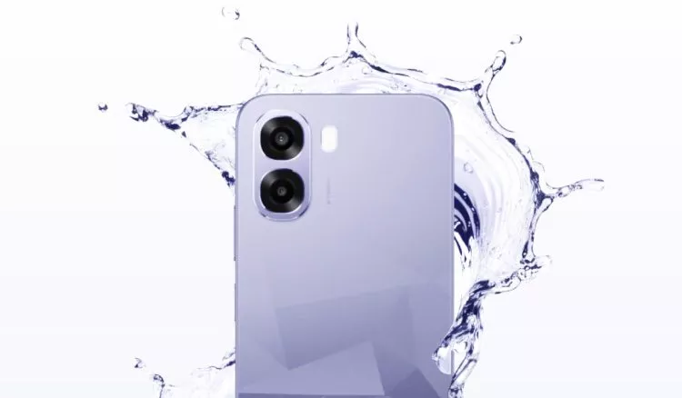 Bagian belakang HP OPPO Tahan Air warna ungu dengan cipratan air di sekelilingnya.