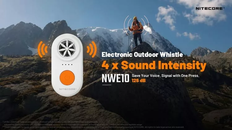 Peluit elektronik Nitecore NWE10 dengan keterangan daya suara 126 dB dan intensitas 4x lipat untuk keselamatan outdoor.