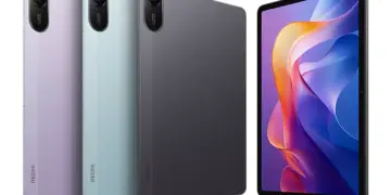 Varian warna Redmi Pad SE ungu, hijau mint, dan abu-abu beserta layar utamanya yang jernih.