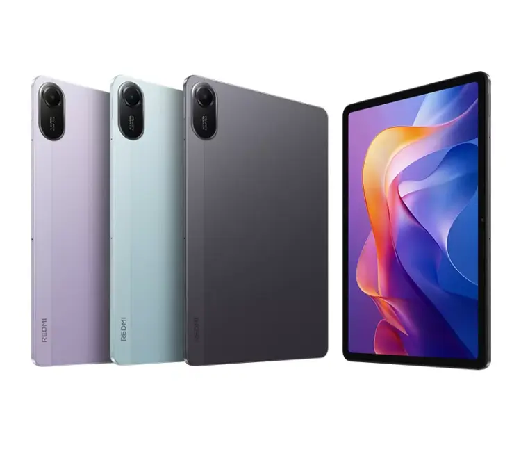 Varian warna Redmi Pad SE ungu, hijau mint, dan abu-abu beserta layar utamanya yang jernih.