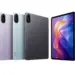Varian warna Redmi Pad SE ungu, hijau mint, dan abu-abu beserta layar utamanya yang jernih.