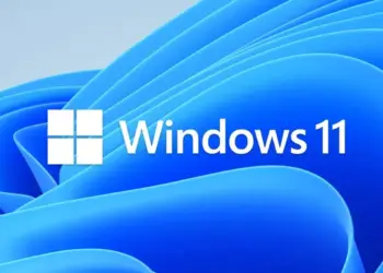 Logo resmi Microsoft Windows 11 dengan latar belakang gelombang biru yang elegan.