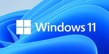 Logo resmi Microsoft Windows 11 dengan latar belakang gelombang biru yang elegan.