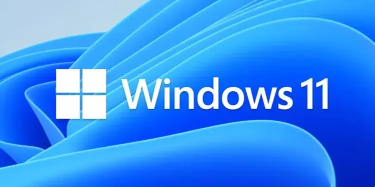 Logo resmi Microsoft Windows 11 dengan latar belakang gelombang biru yang elegan.