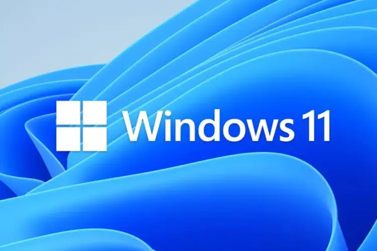 Logo resmi Microsoft Windows 11 dengan latar belakang gelombang biru yang elegan.
