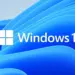 Logo resmi Microsoft Windows 11 dengan latar belakang gelombang biru yang elegan.