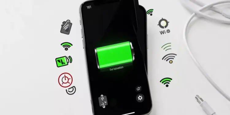Layar iPhone menampilkan indikator baterai hijau penuh dikelilingi ikon pengaturan konektivitas seperti Wi-Fi dan lokasi.