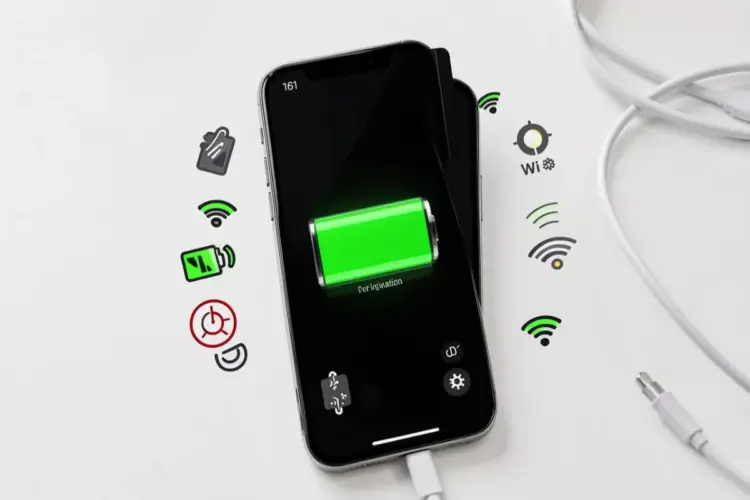 Layar iPhone menampilkan indikator baterai hijau penuh dikelilingi ikon pengaturan konektivitas seperti Wi-Fi dan lokasi.