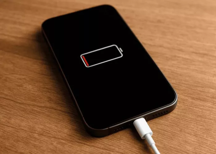 Perangkat iPhone diletakkan di atas meja kayu sedang diisi daya dengan ikon baterai kritis di layar.