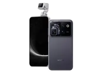 Tampilan depan dan belakang Honor Robot Phone warna abu-abu gelap dengan modul kamera gimbal 200 MP pop-up.