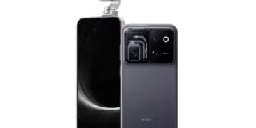 Tampilan depan dan belakang Honor Robot Phone warna abu-abu gelap dengan modul kamera gimbal 200 MP pop-up.
