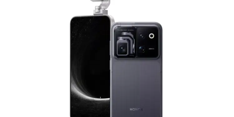 Tampilan depan dan belakang Honor Robot Phone warna abu-abu gelap dengan modul kamera gimbal 200 MP pop-up.
