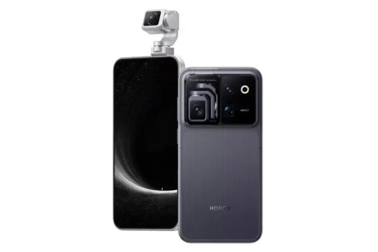 Tampilan depan dan belakang Honor Robot Phone warna abu-abu gelap dengan modul kamera gimbal 200 MP pop-up.