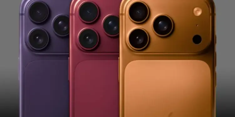 Tiga varian warna konsep iPhone dengan modul tiga lensa menonjol yang menampilkan Kamera iPhone 18 Pro Max.