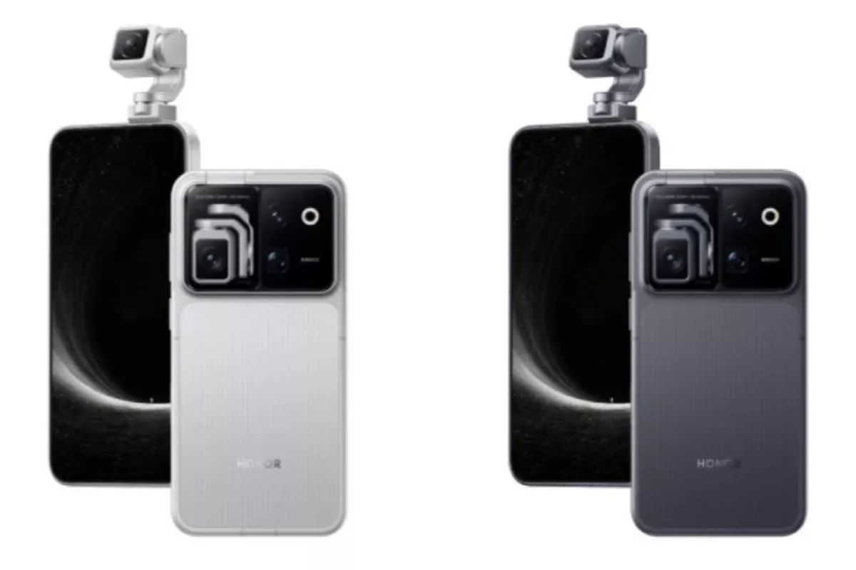 Dua pilihan warna Honor Robot Phone, varian putih perak dan abu-abu gelap dengan mekanisme kamera robotik.