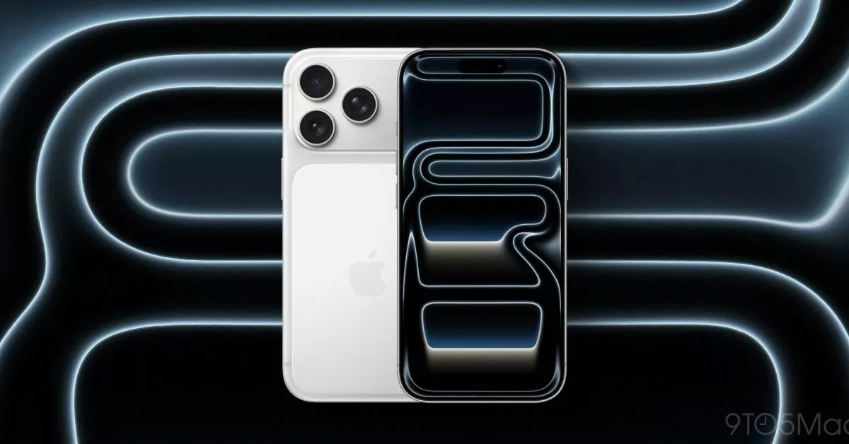 Tampak depan dan belakang iPhone warna putih dengan latar belakang garis neon bergelombang memperlihatkan Kamera iPhone 18 Pro Max.