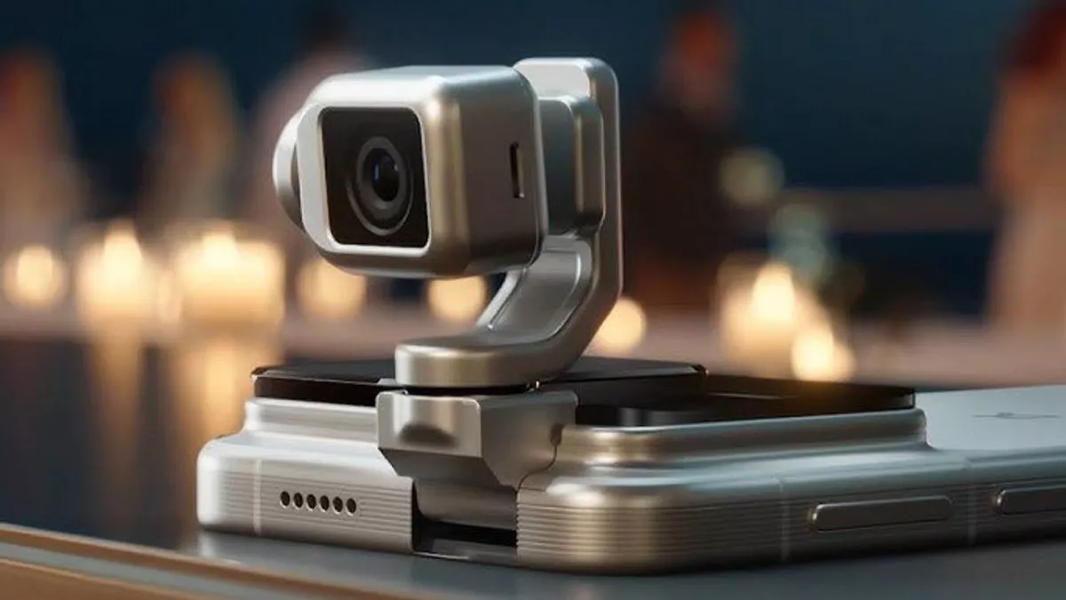 Close-up detail mekanis modul kamera gimbal Honor Robot Phone 200 MP saat terangkat dari atas bodi ponsel.