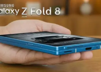 Desain fisik Samsung Galaxy Z Fold8 berwarna biru yang sangat tipis saat digenggam di telapak tangan.