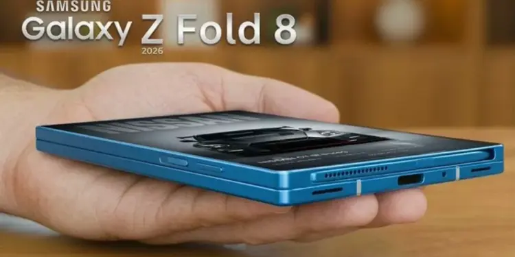 Desain fisik Samsung Galaxy Z Fold8 berwarna biru yang sangat tipis saat digenggam di telapak tangan.