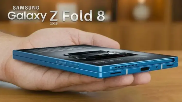 Desain fisik Samsung Galaxy Z Fold8 berwarna biru yang sangat tipis saat digenggam di telapak tangan.