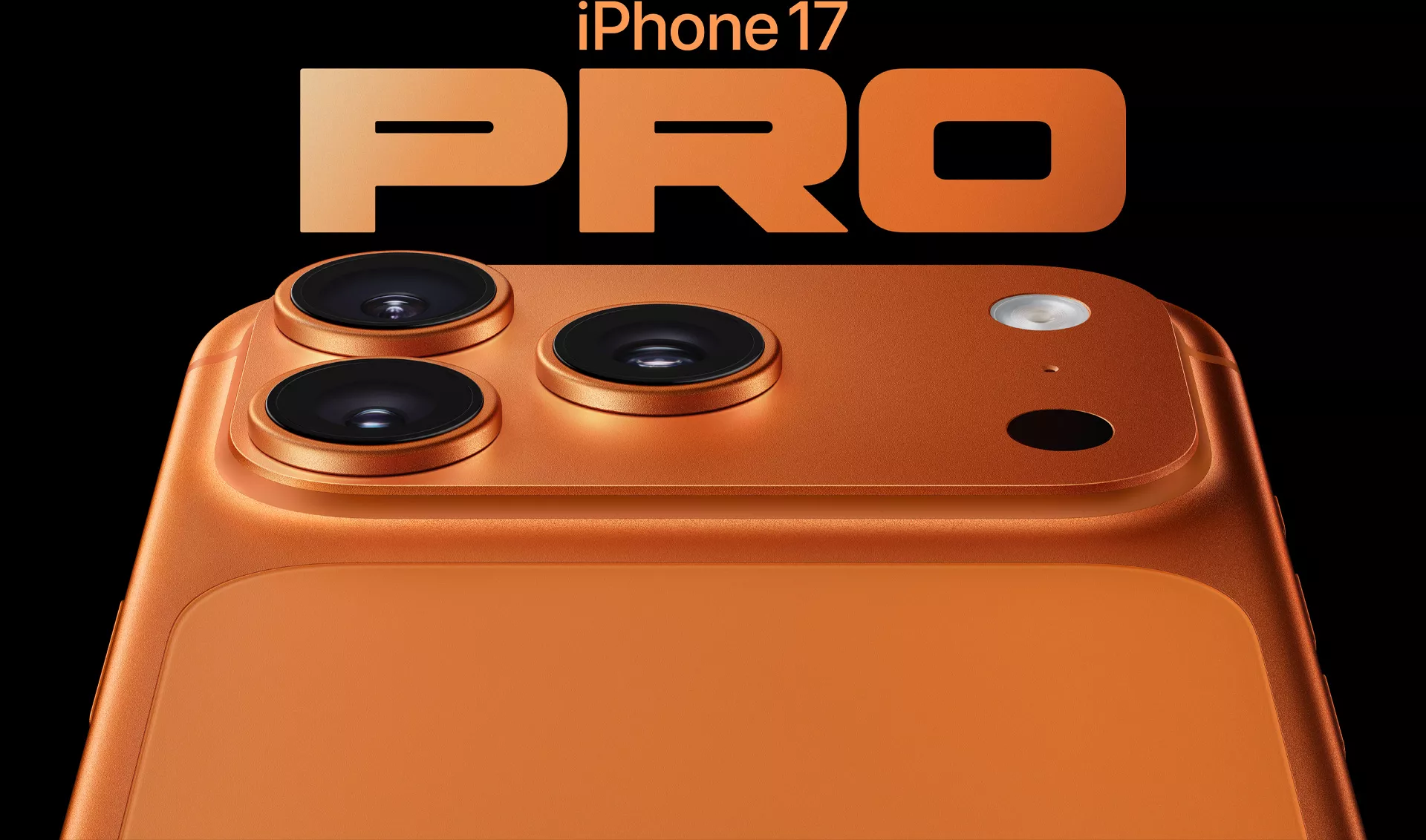 Clsoe-up modul tiga kamera belakang pada bodi oranye iPhone 17 Pro.