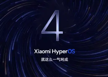 Logo angka 4 besar dengan latar belakang galaksi biru melambangkan rilis HyperOS 4 Beta Xiaomi