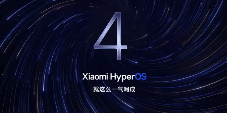 Logo angka 4 besar dengan latar belakang galaksi biru melambangkan rilis HyperOS 4 Beta Xiaomi