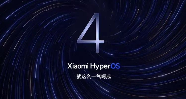 Logo angka 4 besar dengan latar belakang galaksi biru melambangkan rilis HyperOS 4 Beta Xiaomi