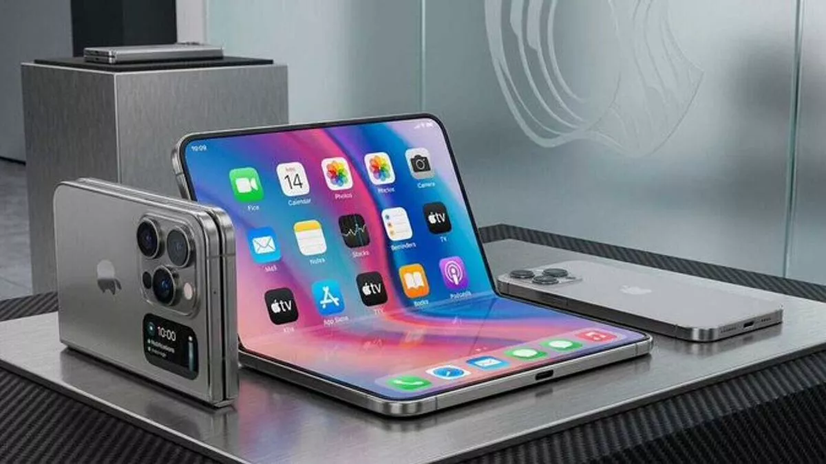 Render iPhone layar lipat horizontal mirip tablet dengan antarmuka iOS dan modul kamera.