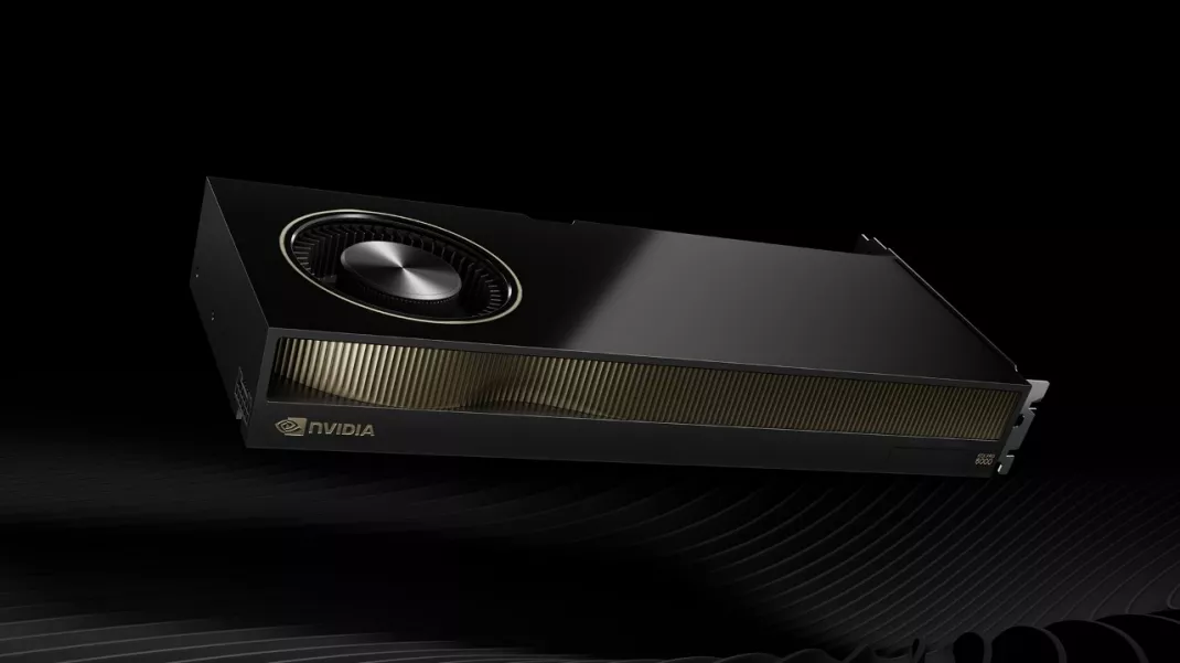 Tampilan close-up kartu grafis NVIDIA RTX Pro 6000 dengan desain blower berwarna emas dan hitam, memperlihatkan sirip pendingin dan logo NVIDIA.