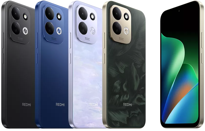 Tampilan sisi belakang empat Redmi 17 (hitam, biru, ungu marmer, hijau bermotif) sejajar dengan satu unit Redmi 17 menampilkan layar depan dengan wallpaper abstrak hijau-biru.