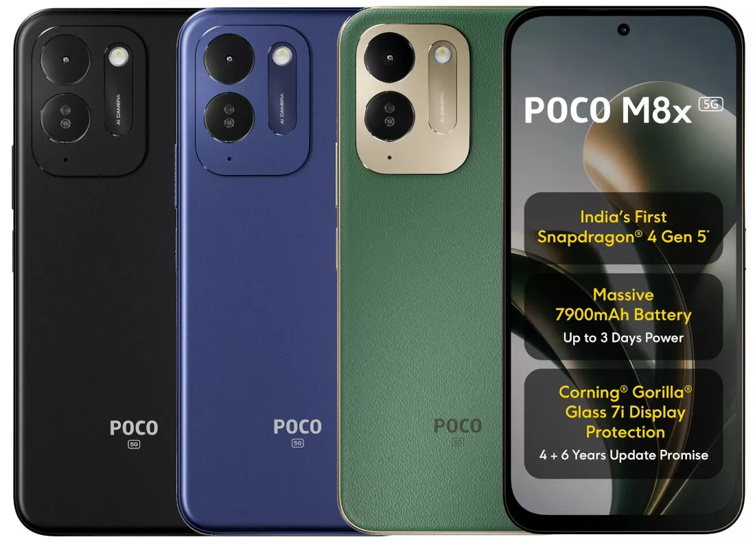 Tiga pilihan warna POCO M8x 5G yaitu hitam, biru, dan hijau bersandingan dengan tampilan layar depan.