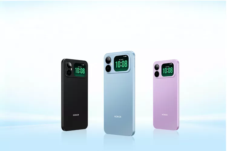 Tiga varian warna HP Honor Play 20A yakni hitam, biru muda, dan ungu muda dengan layar sekunder aktif.