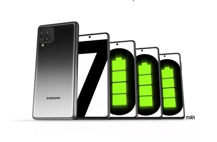 Jajaran layar smartphone Samsung membentuk angka 7000 mAh dengan ikon baterai hijau.